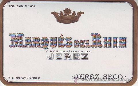Etiquetas antiguas: ETIQUETA DE VINO DE JEREZ MARQUES DEL RHIN