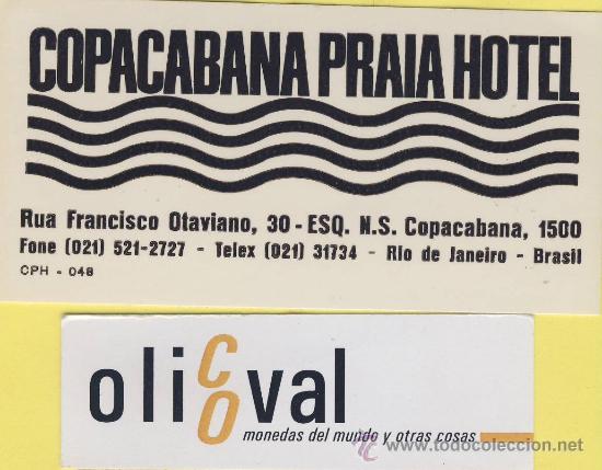 Etiquetas antiguas: ETIQUETA HOTEL-BRASIL - HOTEL COPACABANA PRAIA-COPACABANA - 100 X 50 mm -