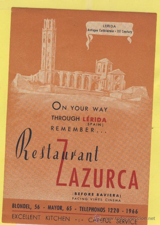 Etiquetas antiguas: ETIQUETA  HOTEL-ESPA&Ntilde;A-RESTAURANT ZAZURCA-LERIDA-ILUSTRACION 95 X 140 mm