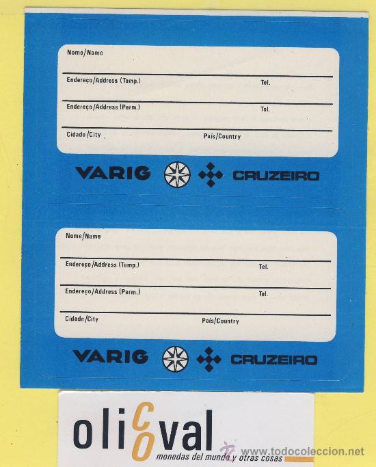 Etiquetas antiguas: Etiqueta Hotel -LINEAS AEREAS - NAVEGACION-VARIG-CRUZEIRO- JUEGO 2 PIEZAS 120 X 110 mm.
