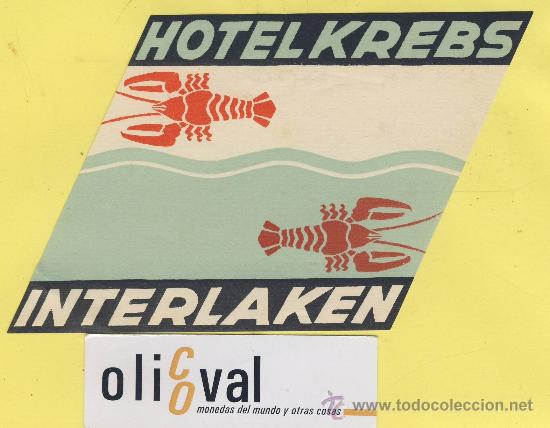 Etiquetas antiguas: Etiqueta Hotel -SUIZA- HOTEL KREBS-- INTERLAKEN - ILUSTRACION IRREGULAR TROQUEL 140 X 85 mm