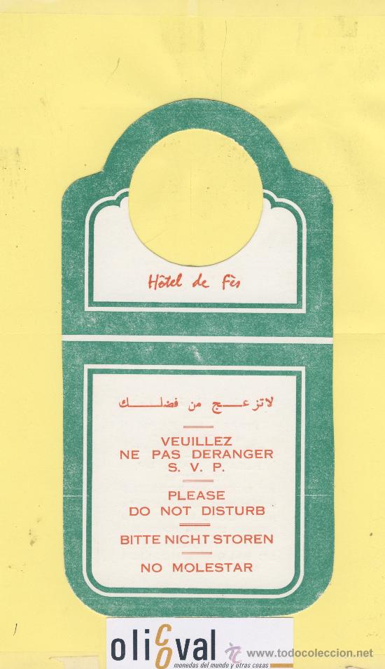 Etiquetas antiguas: ETIQUETA DE HOTEL -NO MOLESTEN-DO NOT DISTURB- HOTEL DE F&Eacute;S - A&Ntilde;O 1968/72 MARRUECOS