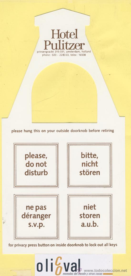 Etiquetas antiguas: ETIQUETA DE HOTEL -NO MOLESTEN-DO NOT DISTURB- HOTEL PULITZER-AMSTERDAM-HOLANDA