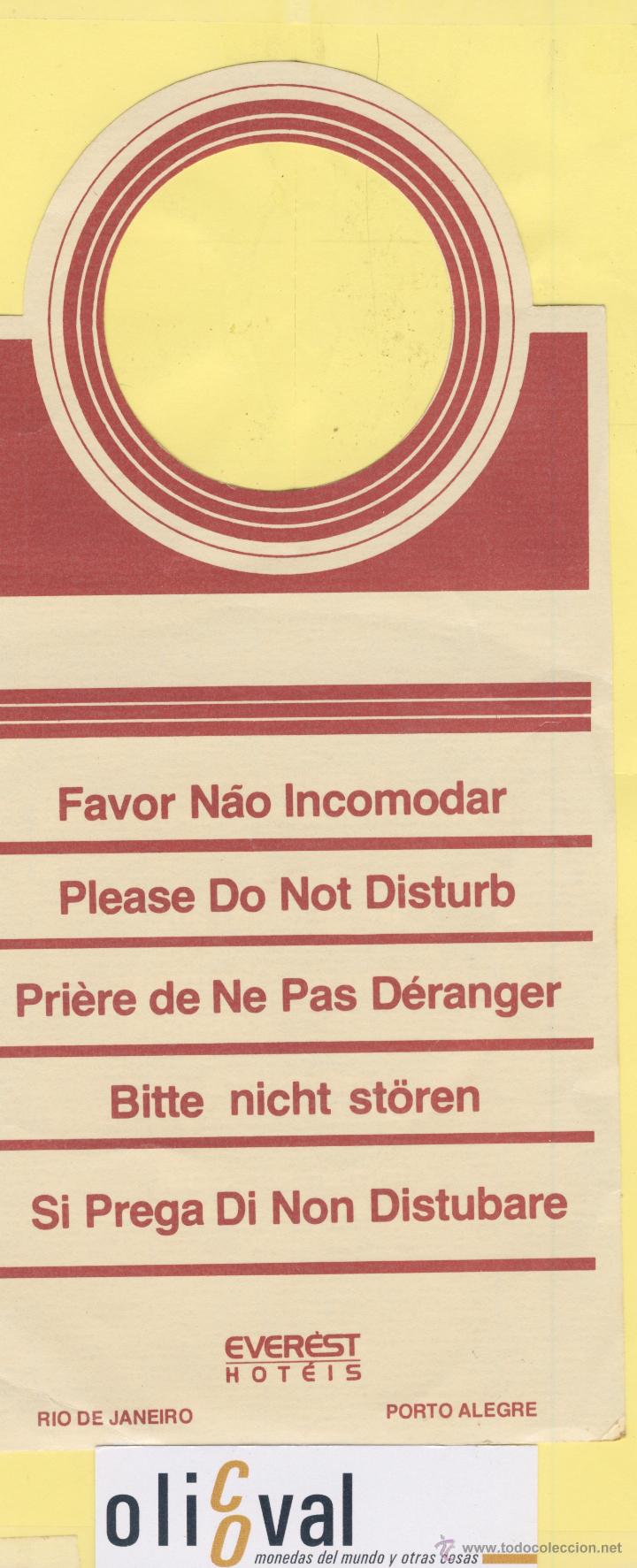 Etiquetas antiguas: ETIQUETA DE HOTEL -NO MOLESTEN-DO NOT DISTURB-HOTEL EVEREST HOT&Eacute; RIO DE JANEIRO BRASIL
