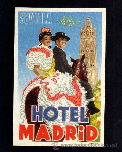 Etiquetas antiguas: Etiqueta de Hotel - Hotel Madrid (Sevilla), cadena Husa - Ilustraci&oacute;n Fournier - Vitoria