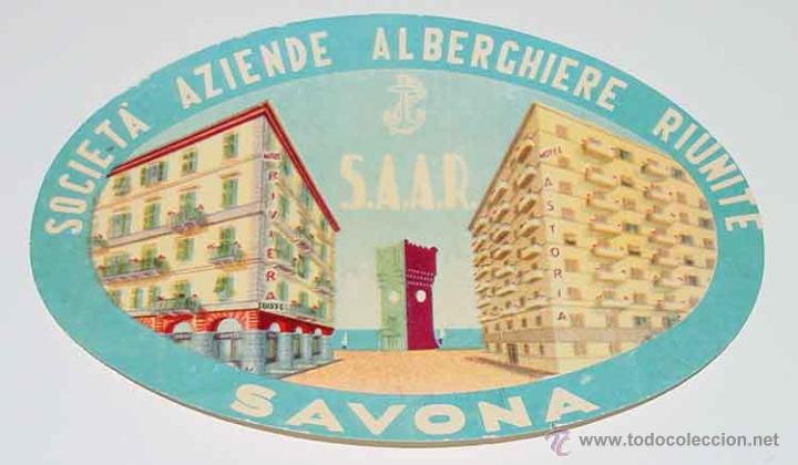 Etiquetas antiguas: ANTIGUA ETIQUETA PARA MALETA - SOCIETA AZIENDE ALBERCGHIERE RIUNITE - SAVONA - TIENE EL TAMA&Ntilde;O DE UN