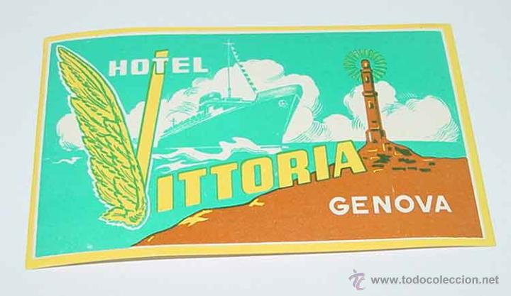 Etiquetas antiguas: ANTIGUA ETIQUETA PARA MALETA - HOTEL VITTORIA - GENOVA - TIENE EL TAMA&Ntilde;O DE UNA POSTAL APROXIMADAMEN