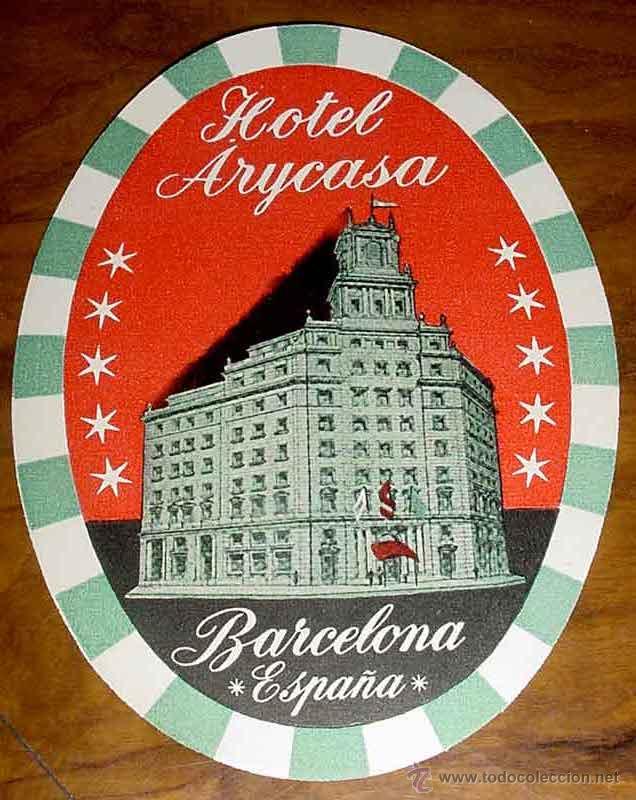Etiquetas antiguas: ANTIGUA ETIQUETA PARA MALETA CON PUBLICIDAD DEL HOTEL ARYCASA - BARCELONA - TAMA&Ntilde;O POSTAL APROXIMADA