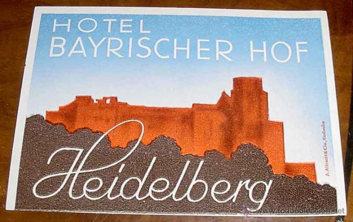 Etiquetas antiguas: ANTIGUA ETIQUETA PARA MALETA CON PUBLICIDAD DEL HOTEL BAYRISCHER HOR - HEIDELBERG - TAMA&Ntilde;O POSTAL AP