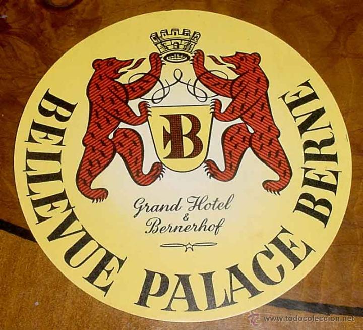 Etiquetas antiguas: ANTIGUA ETIQUETA PARA MALETA CON PUBLICIDAD DEL HOTEL BELLEVUE PALACE BERNE - TAMA&Ntilde;O POSTAL APROXIMA