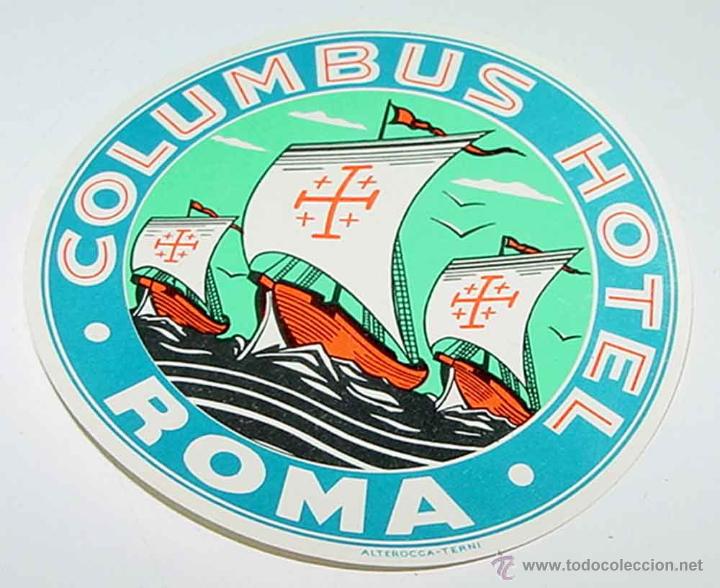 Etiquetas antiguas: ANTIGUA ETIQUETA PARA MALETA - CON PUBLICIDAD DE COLUMBUS HOTEL - ROMA - MIDE 9 CMS.