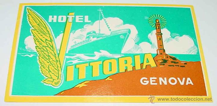 Etiquetas antiguas: ANTIGUA ETIQUETA PARA MALETA - CON PUBLICIDAD DE HOTEL VITORIA - GENOVA - TAMA&Ntilde;O LIGERAMENTE INFERIO