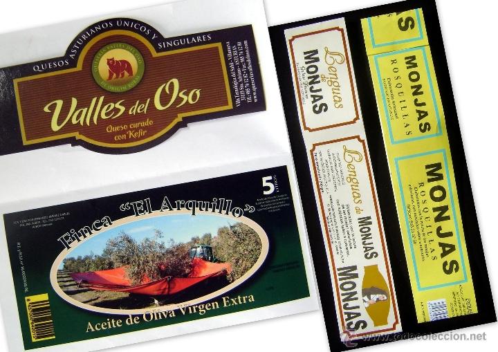 Etiquetas antiguas: 4 ETIQUETAS: QUESO VALLES DEL OSO, ACEITE ARQUILLO,GALLETAS LENGUAS DE MONJAS