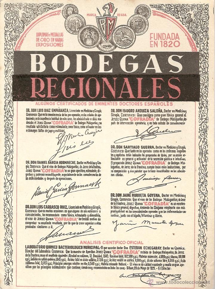 Etiquetas antiguas: ETIQUETA ,-JEREZ-QUINA COFRADIA- BODEGAS REGIONALES - JEREZ