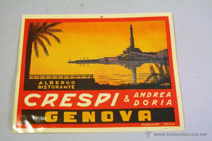 Etiquetas antiguas: Etiqueta pegatina para maleta. Albergo Crespi & Andrea Doria. Genova. A&ntilde;os 40-50