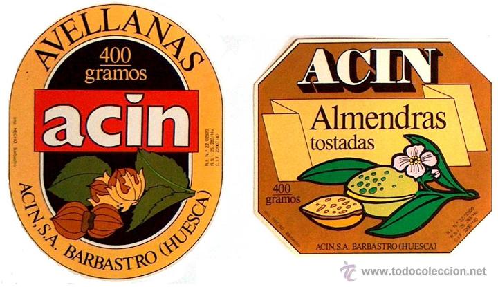 Etiquetas antiguas: ETIQUETAS AVELLANAS ACIN Y ALMENDRAS ACIN, BARBASTRO A&Ntilde;OS 60 IMPRENTA HECHO MUY RARAS
