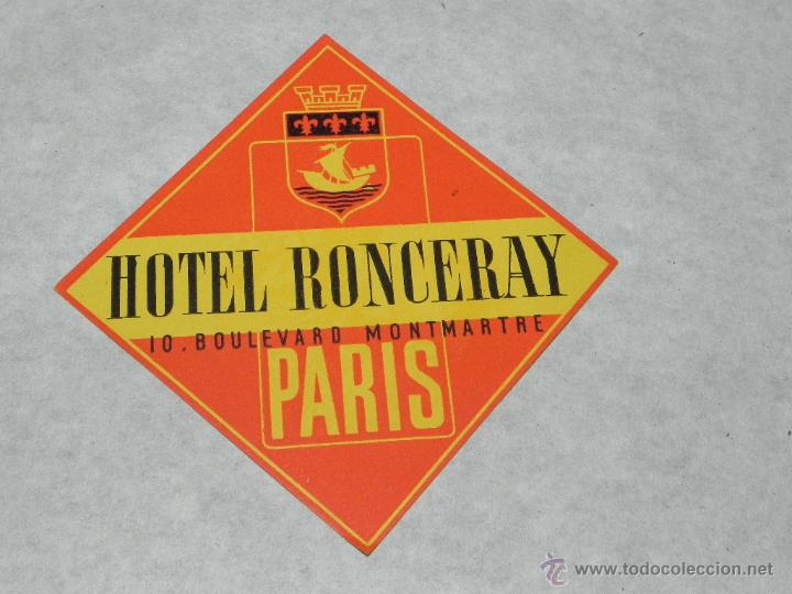 Etiquetas antiguas: ANTIGUA ETIQUETA PARA MALETA, HOTEL RONCERAY DE PARIS (Francia)