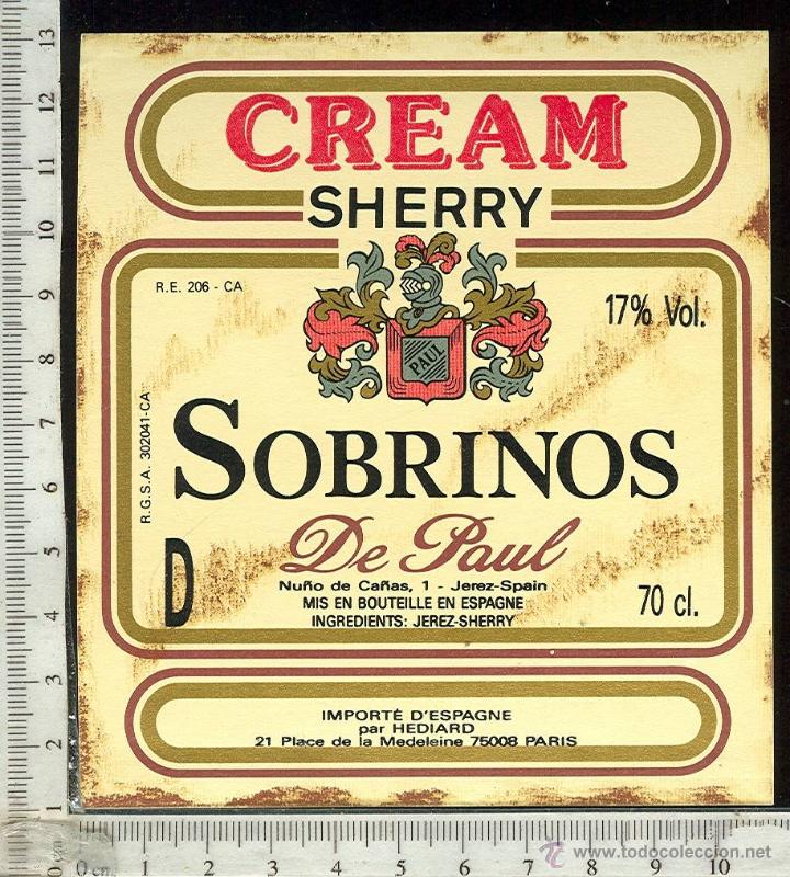 Etiquetas antiguas: ETIQUETA VINO CREAM SHERRY  SOBRINOS DE PAUL , JEREZ DE LA FRONTERA