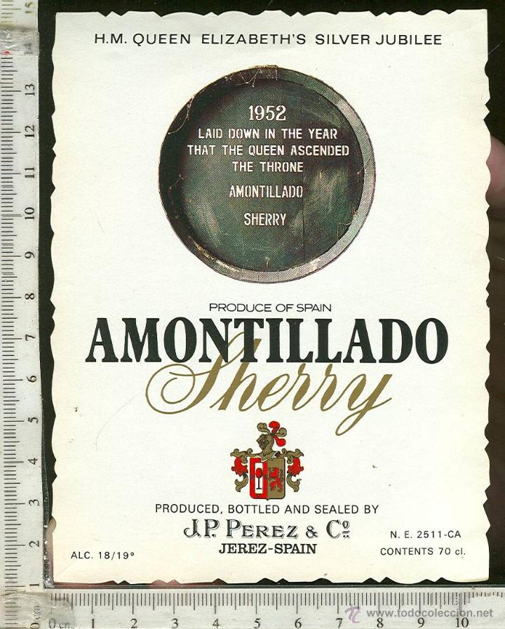 Etiquetas antiguas: ETIQUETA VINO AMONTILLADO SHERRY  J.P. PEREZ & CIA JEREZ