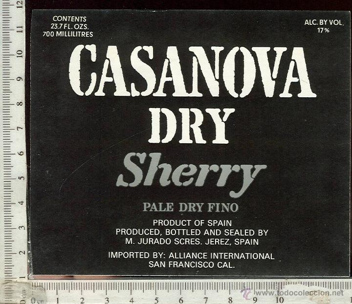 Etiquetas antiguas: ETIQUETA VINO CASANOVA DRY SHERRY  M. JURADO SCRES, JEREZ DE LA FRONTERA