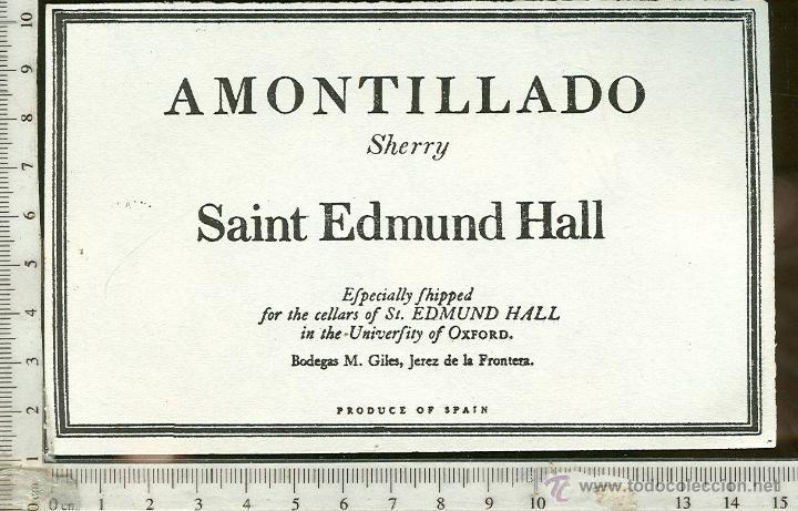 Etiquetas antiguas: ETIQUETA VINO AMONTILLADO  SAINT EDMUND HALL   M. GILES JEREZ DE LA FRONTERA