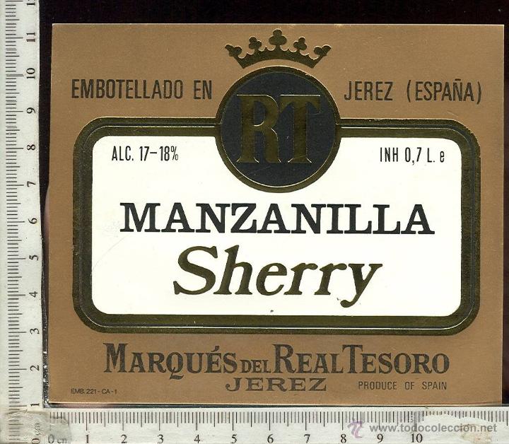 Etiquetas antiguas: ETIQUETA VINO MANZANILLA SHERRY MARQUES DEL REAL TESORO . JEREZ