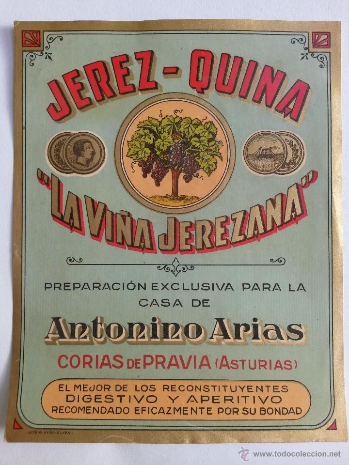 Etiquetas antiguas: Etiqueta jerez-quina la vi&ntilde;a jerezana, excluxiva para antonino arias corias de pravia, asturias