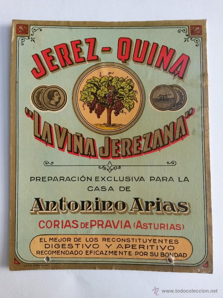 Etiquetas antiguas: Etiqueta jerez-quina la vi&ntilde;a jerezana, excluxiva para antonino arias corias de pravia, asturias