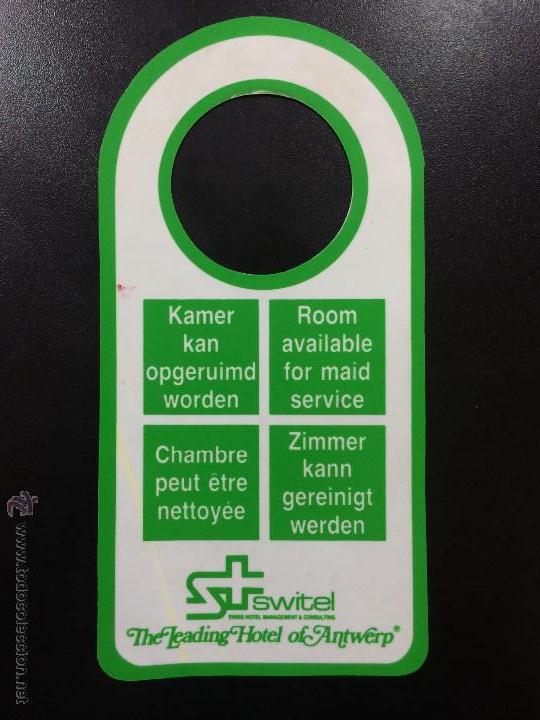 Etiquetas antiguas: ETIQUETA CARTEL HOTEL SWITEL AMBERES, BELGICA - NO MOLESTEN, DO NOT DISTURB SIGN.