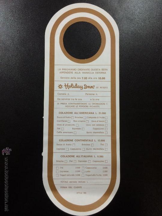 Etiquetas antiguas: ETIQUETA CARTEL HOTEL HOLIDAY INN ST PETER'S- ROMA, ITALIA - NO MOLESTEN, DO NOT DISTURB SIGN - MENU