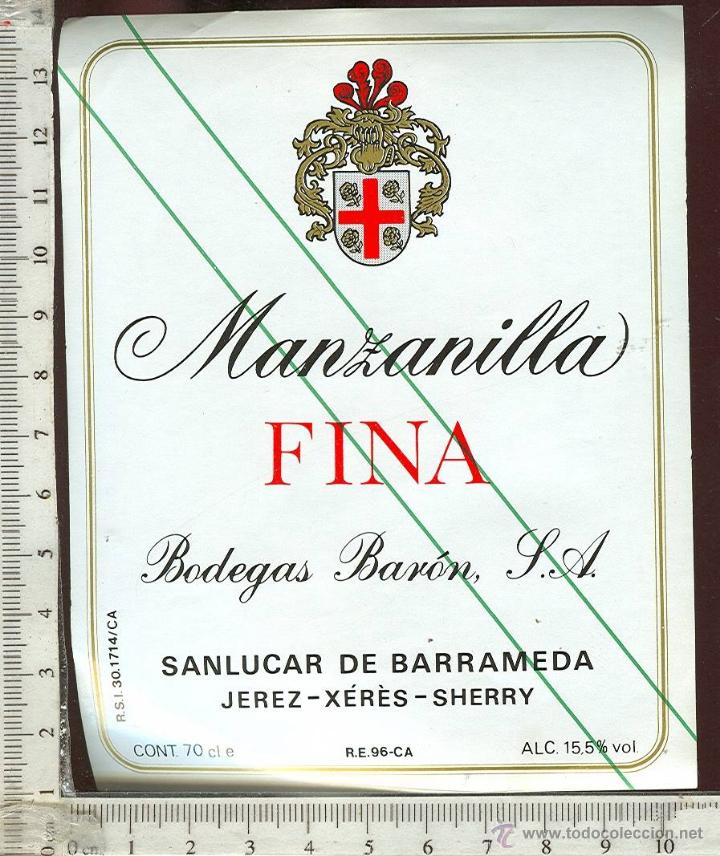 Etiquetas antiguas: ETIQUETA  MANZANILLA FINA BODEGAS BARON S.A  SANLUCAR DE BARRAMEDA