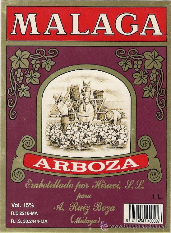 Etiquetas antiguas: -58179 ETIQUETA VINO MALAGA ARBOZA, EMBOTELLAD POR HISUVI