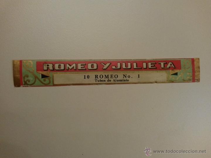 Etiquetas antiguas: Etiqueta de puros romeo y julieta ,la habana ,cuba ,en tubos de aluminio de 15 cms de larga