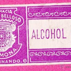 Etiquetas antiguas: ETIQUETA ALCOHOL PURO. FARMACIA SÁNCHEZ BELLOSO. SAN FERNANDO, 6. CARMONA, SEVILLA.. Lote 46643731