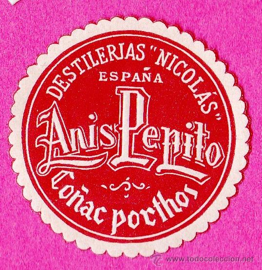 Etichette antiche: ETIQUETA DESTILERIAS NICOL&Aacute;S. AN&Iacute;S PEPITO, CO&Ntilde;AC PORTHOS, MURCIA.