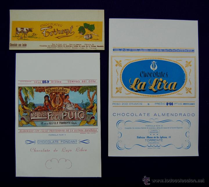 Etiquetas antiguas: 5 ETIQUETAS O ENVUELTAS, 4 DE CHOCOLATE DE TORRENTE-VALENCIA Y 1 DE TURR&Oacute;N DE GOYA -VITORIA. A&Ntilde;OS 40