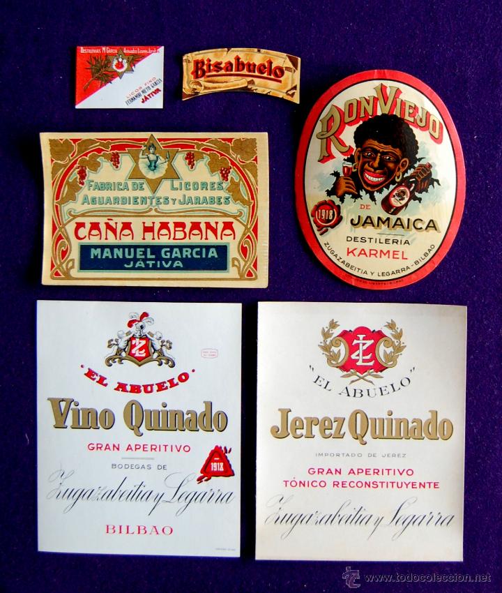 Etiquetas antiguas: 6 ETIQUETAS ANTIGUAS DE LICORES - VINOS- CO&Ntilde;AC- BEBIDAS. SIN USAR. A&Ntilde;OS 30-40. ETIQUETA