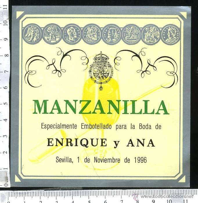 Etiquetas antiguas: etiqueta de vino  manzanilla, ebotellada para la boda de enrique y ana. 1996