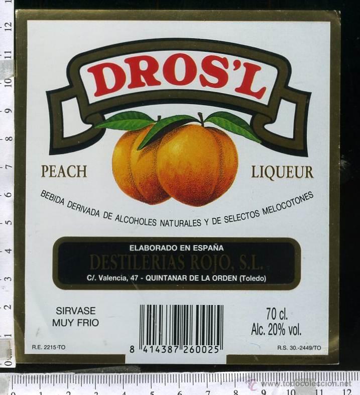 Etiquetas antiguas: ETIQUETA  DE LICOR  DROS&acute;L  DESTILERIAS ROJO,   TOLEDO