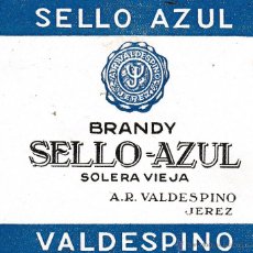 Etiquetas antiguas: SELLO AZUL BRANDY VALDESPINO JEREZ . Lote 47801464