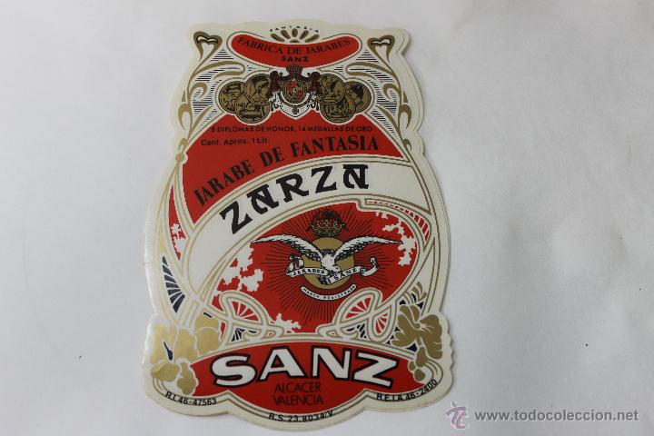 Etichette antiche: ETIQUETA BOTELLA ZARZA, FABRICA JARABES SANZ, ALCACER VALENCIA