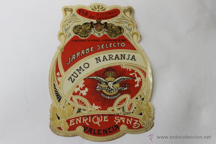 Old Labels: ETIQUETA BOTELLA ZUMO DE NARANJA, FABRICA LICORES Y JARABES ENRIQUE SANZ, VALENCIA