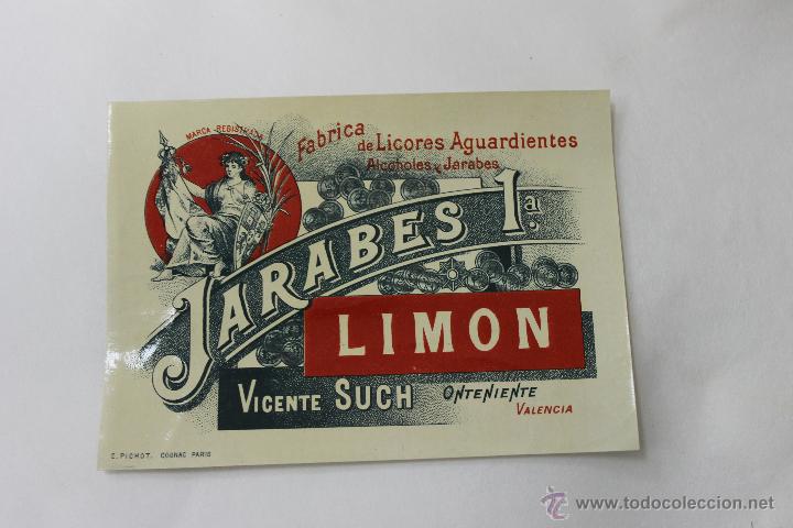 Etichette antiche: ANTIGUA ETIQUETA JARABES 1&ordf; LIMON VICENTE SUCH ONTENIENTE VALENCIA LITOGRAFIA E. PICHOT