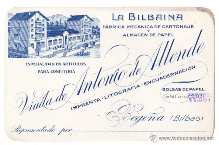 Alte Etiketten: ETIQUETA FABRICA DE CARTONAJE Y ALMACEN DE PAPEL LA BILBAINA. BEGO&Ntilde;A. BILBAO. A&Ntilde;OS 30