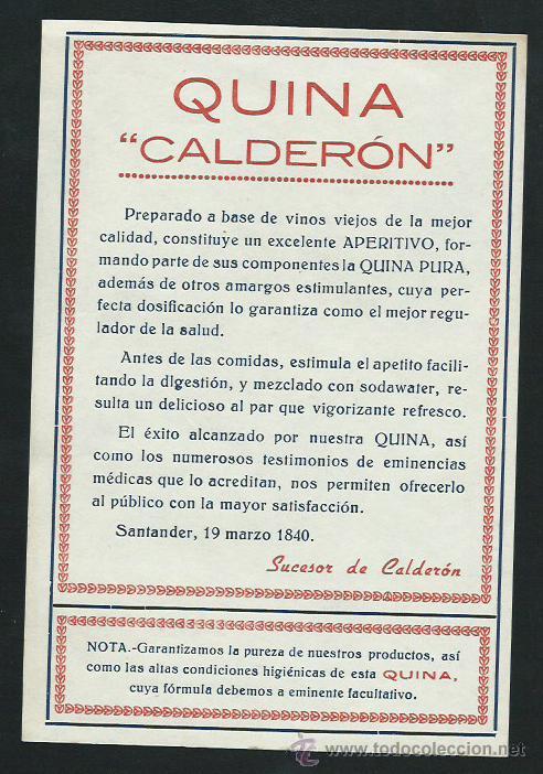 Etiquetas antiguas: Etiqueta Quina Calderon. Preparado a base de vinos&hellip; Etiqueta publicitaria.