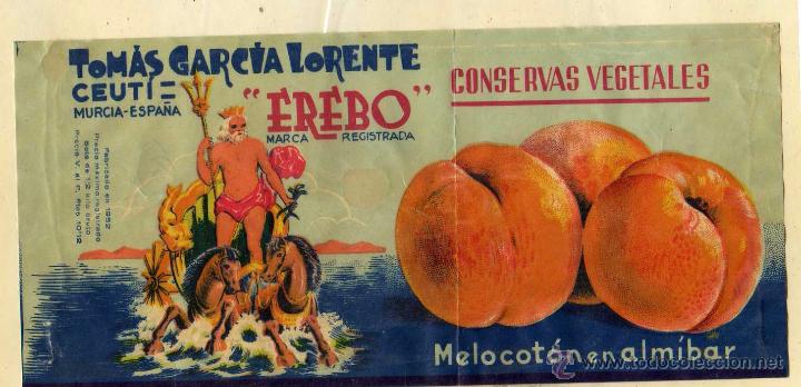 Etiquetas antigas: Gran etiqueta Tom&aacute;s Garc&iacute;a Lorente. Ceut&iacute;. Murcia. Erebo. Melocot&oacute;n en Alm&iacute;bar.