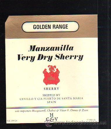 Etichette antiche: ETIQUETA DE GOLDEN RANGE. MANZANILLA VERY DRY SHERRY. 11 X 13CM.