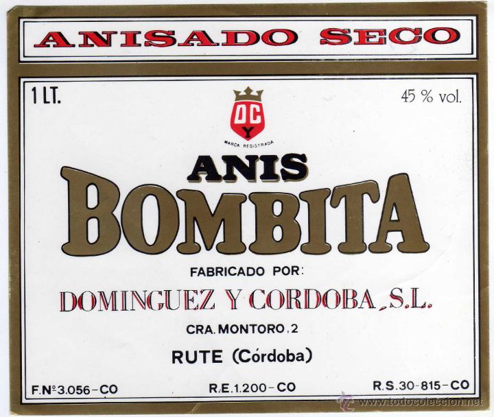 Old Labels: ETIQUETA ANIS BOMBITA - DOMINGUEZ Y CORDOBA - RUTE (CORDOBA)