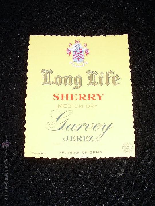 Etiquetas antiguas: ANTIGUA ETIQUETA DE VINO - LONG LIFE - SHERRY MEDIUM DRY - GARVEY - JEREZ