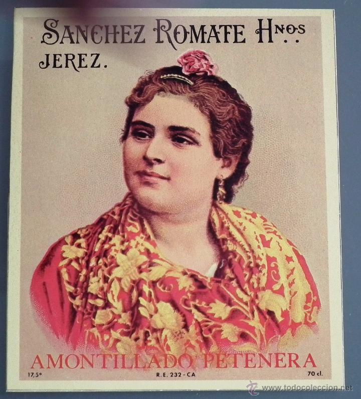 Etiquetas antiguas: ETIQUETA SANCHEZ ROMATE HNOS - JEREZ AMONTILLADO PETENERA. 70 CL. 17,5&ordm;. RE 232 - CA